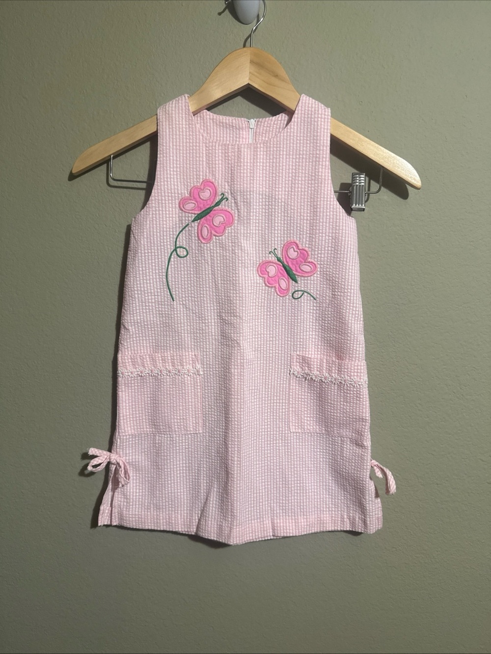 VTG Kelly's Kids Girls Size 5 Pink Gingham Dress - Butterflies -Pockets - Daisy